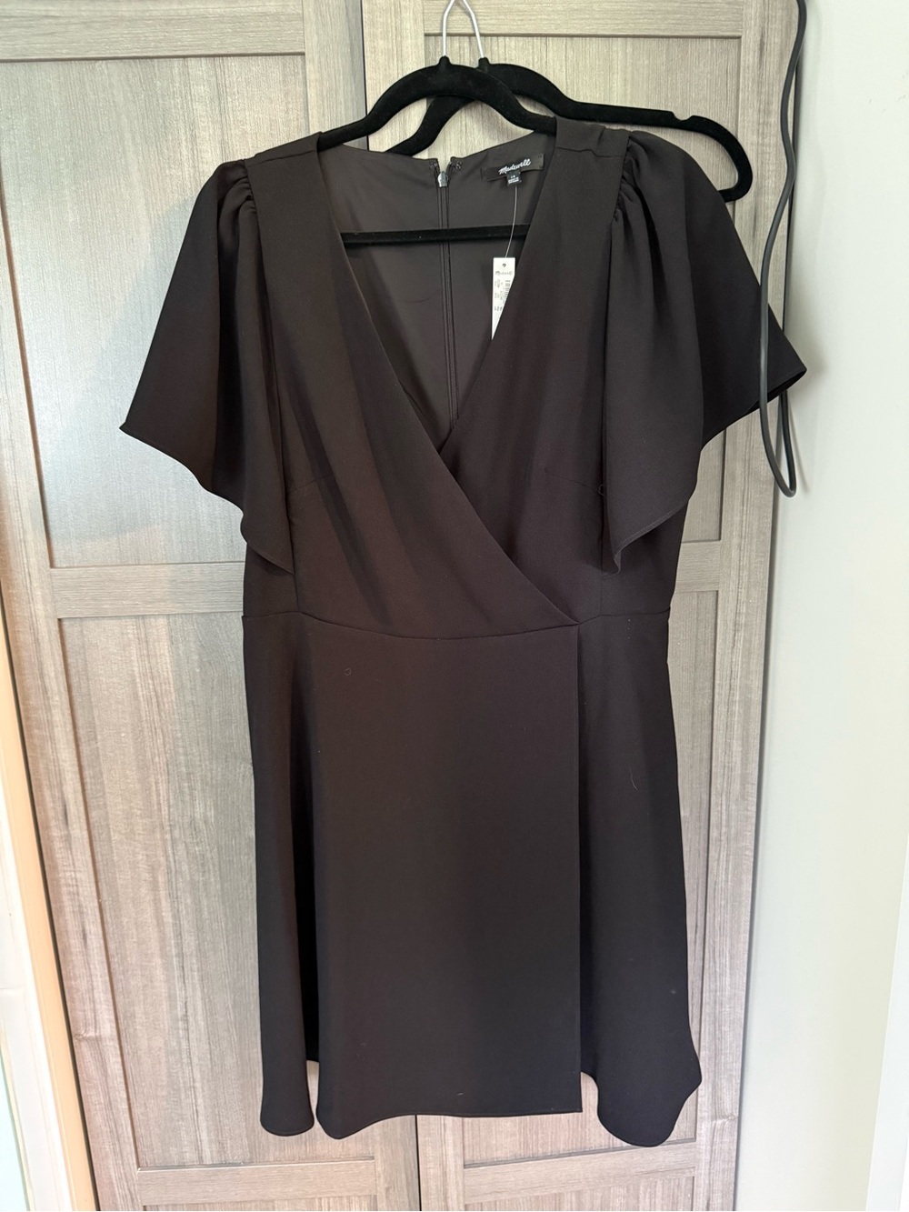 Madewell Black Faux-Wrap Flutter Sleeve Mini Dress